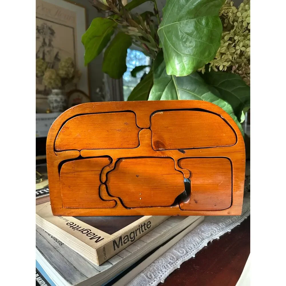 Vintage Wooden Jewelry Trinket Box Handmade Wave Artisan Wood unique puzzleREAD